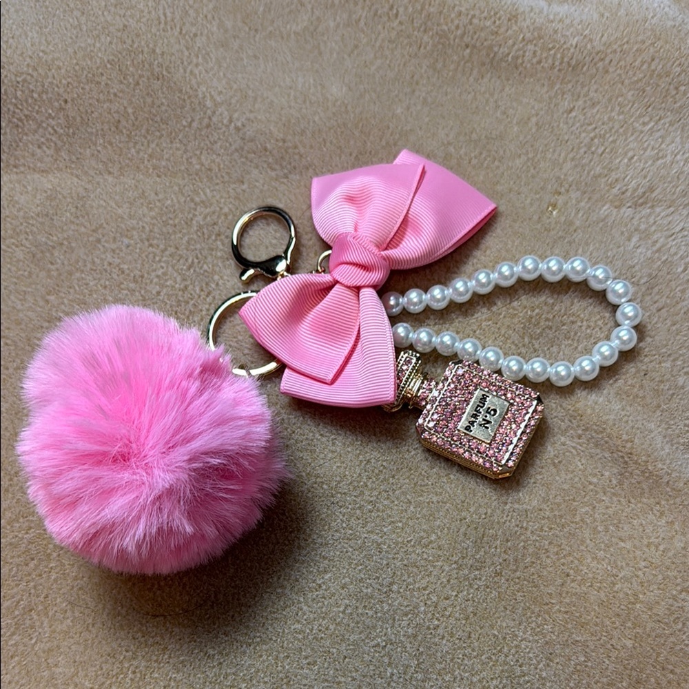 Pink Pom Pom and Bow Keychain with Pearl Accent